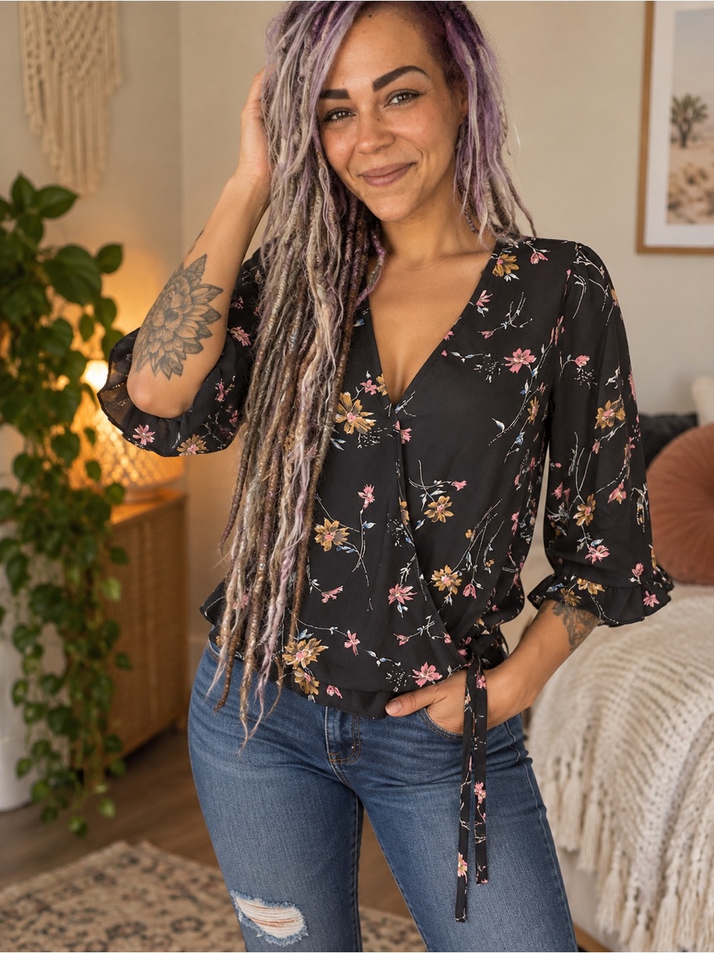 Sienna Sky Black Floral Surplice Wrap Blouse